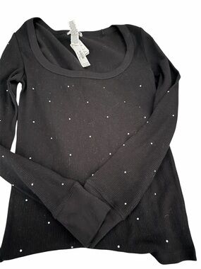 Victoria's Secret Black Ribbed Long-Sleeve Scoop Neck Top with Tiny Silver Studs